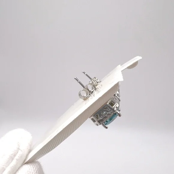 .925 Sterling Silver Halo Cushion Cut Simulated Aquamarine Cz Earrings - Picture 10 of 12